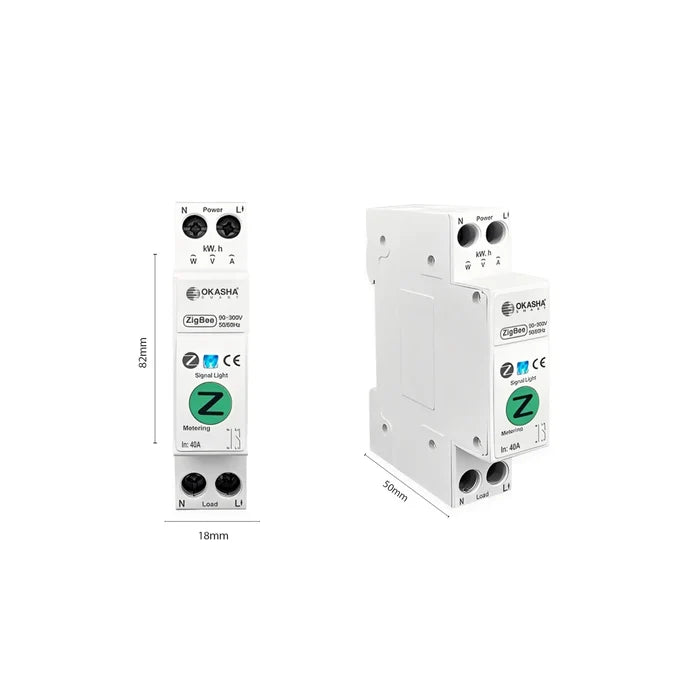 Zigbee Smart Power Switch 40A showing DIN rail module dimensions 82mm height, 18mm width, and 50mm depth