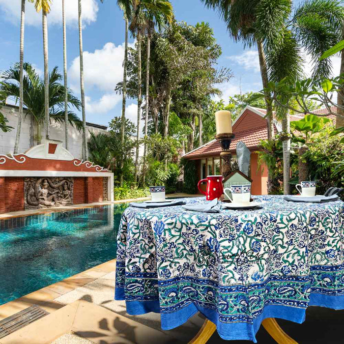 Paisley Paradise Block Print Cotton Tablecloth Round, Emerald Bay - Sweet Us