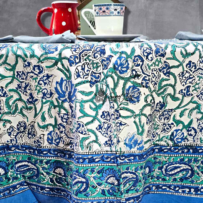 Paisley Paradise Block Print Cotton Tablecloth Round, Emerald Bay - Sweet Us